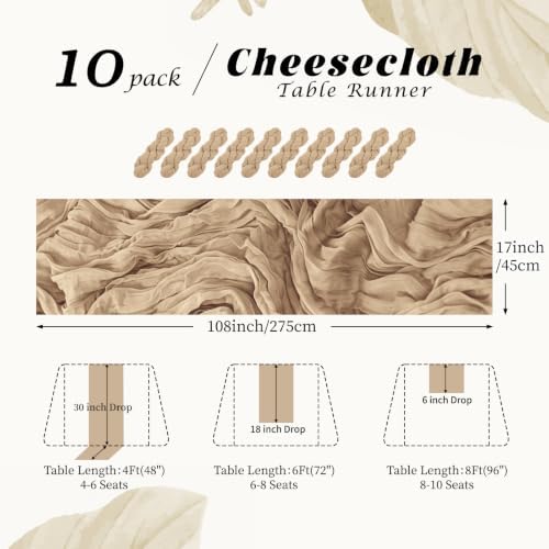 10 Pack Beige Cheesecloth Table Runner, 17x108 Inch 9FT Soft Gauze
