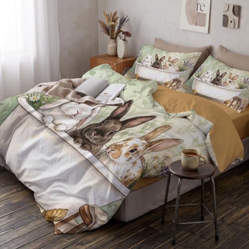 Sage Green Retro Bathtub Rabbit Duvet Cover Set for Women Girls 3 Pcs