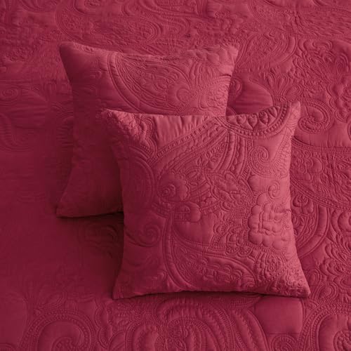 Oversized King Bedspreads 128x120, Stitched Paisley, Wine Red