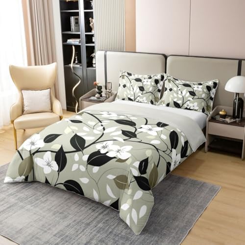Erosebridal Garden Floral Bedding Set Queen Black White Leaves 100%