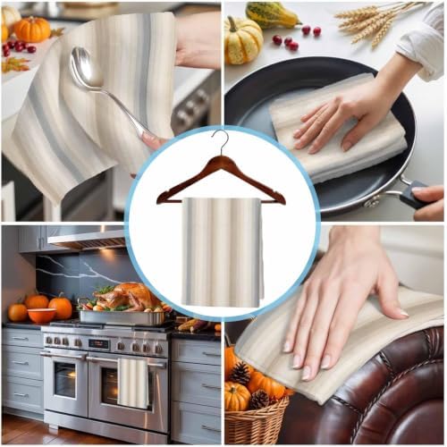 Creamy Beige Stripes Kitchen Towels Set of 3, Gray Taupe Ombre Lines