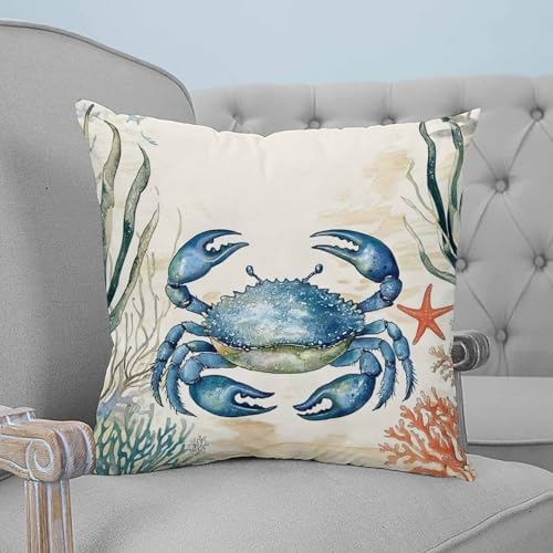 Pillow Covers 20x20 Set of 2, Blue Teal Crab Coastal Square Throw