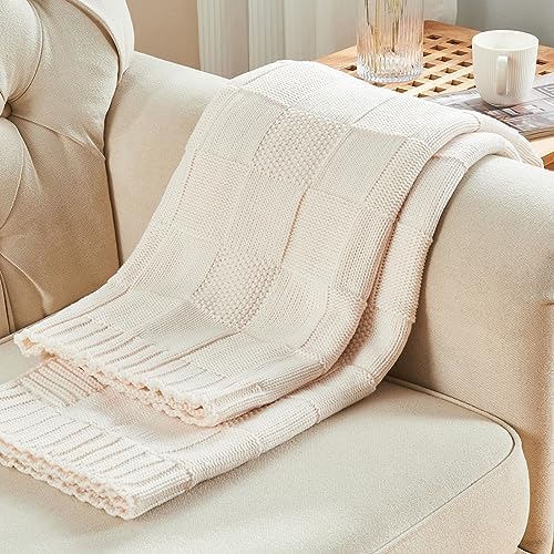 CozeCube Cream White Knitted Checkered Throw Blanket 50"X60"