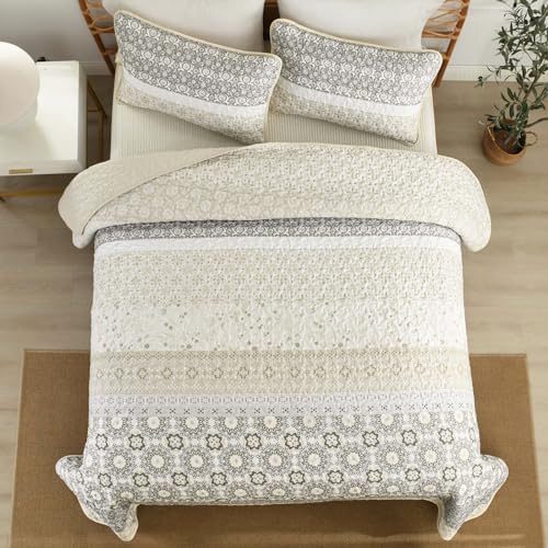 WONGS BEDDING Boho Quilt Set Queen,3 Pcs Beige Floral Striped