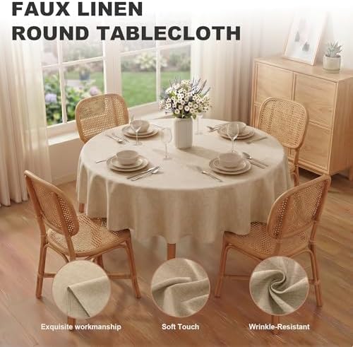 XWZO Faux Linen Round Tablecloth - Spillproof Wrinkle Resistant