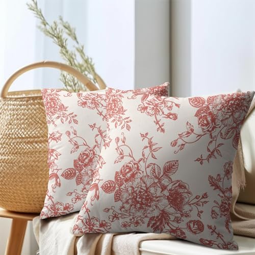 Coral Floral Pillow Covers 20x20 Inch Set of 2 Vintage Flower Coral