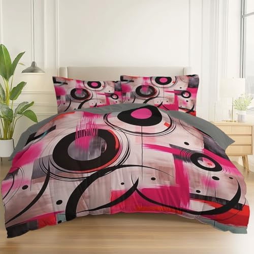 Abstract Rings Geometric Duvet Cover Set – 3 Pcs Grey Print Bedding