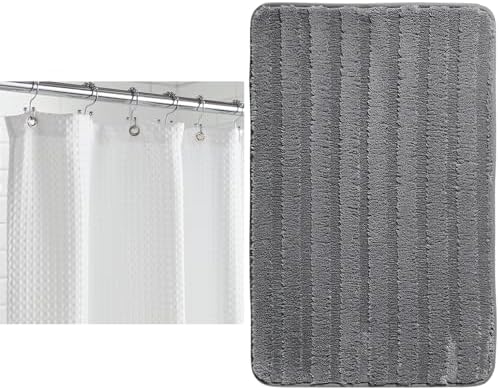 GORILLA GRIP Shower Curtain, 72x72, White and Bath Rug, 24x16, Gray