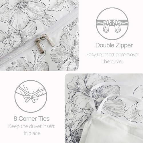 MOVE OVER 100% Cotton Floral Duvet Cover Set Queen Size, Ink Style