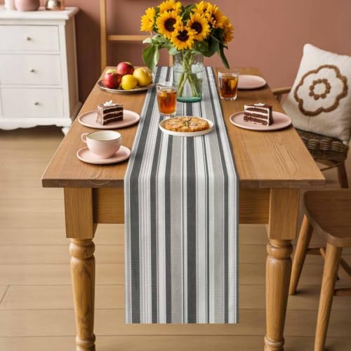 Beige Taupe Striped Table Runners 90 Inches Long, Minimalist Vertical