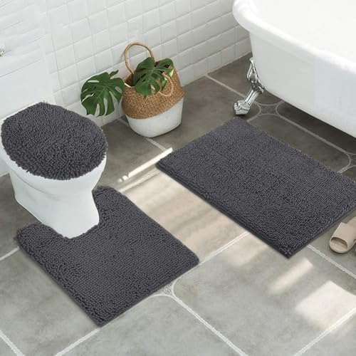 Standard 3pc Set Chenille Bath Mats, Includes 21"x24" U-Shaped Contour