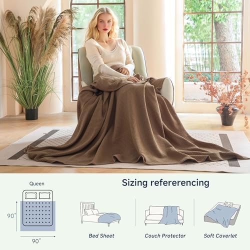 Simple&Opulence 100% Cotton Waffle Blanket, Queen Size 90"x90", Light