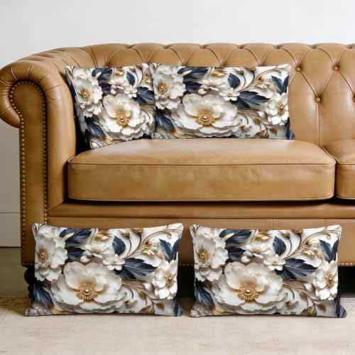 Cream Gold Flowers Lumbar Pillow Covers 12 x 20 Inch Pillow Covers Set