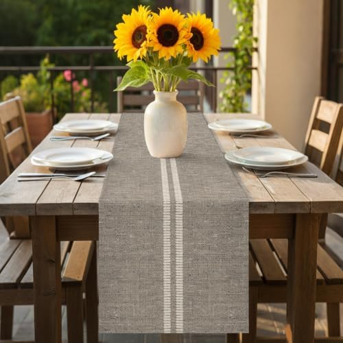 Cream Grain Line Table Runner, Soft Taupe Woven Canvas Style Romantic