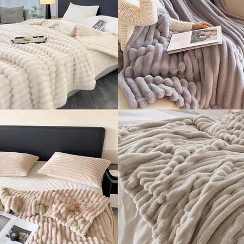 Reversible Faux Rabbit Fur Throw Blanket, Soft Warm Decorative Blanket