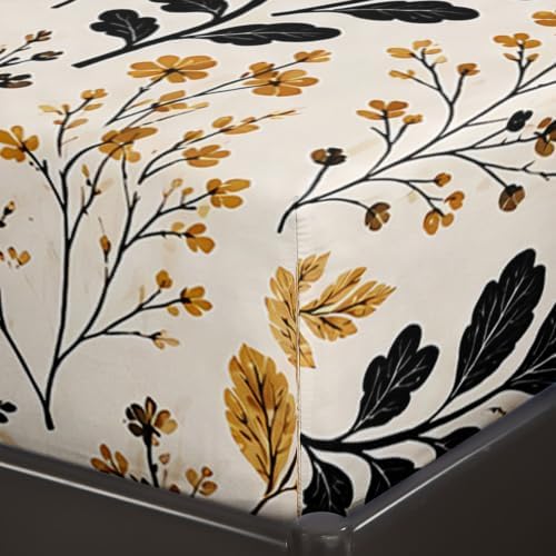 AILONEN Full 4 Piece Fitted Sheet Set, Black Mustard Botanical Sprigs