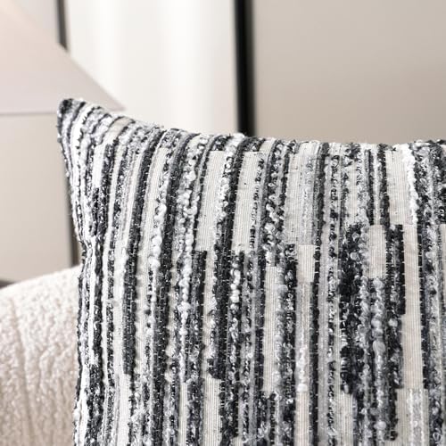 Striped Throw Pillow Covers 18x18 Set of 2 Black Textured Boucle Chic