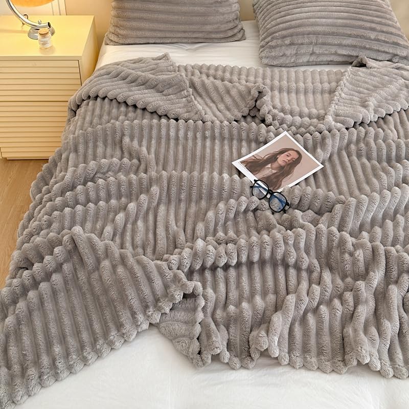 Fleece Throw Blanket, Soft Cozy Fluffy Striped Blanket for Couch Sofa