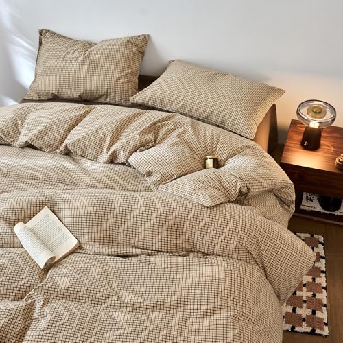 HighBuy Soft Tan & Beige Gingham Duvet Cover Twin Washed Cotton