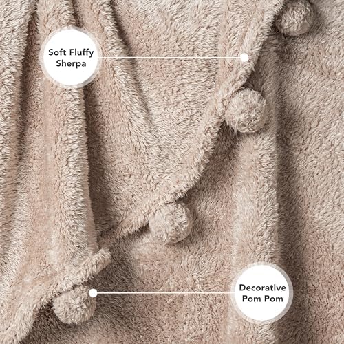PAVILIA Soft Sherpa Twin Blanket with Pom Pom for Couch Bed, Taupe