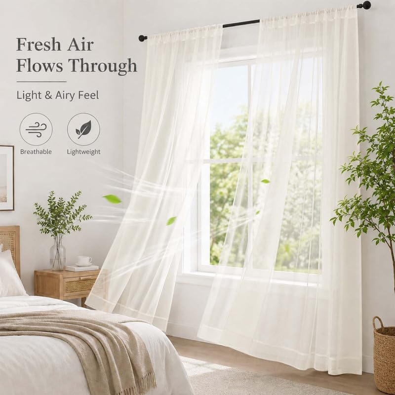 Simplebrand Cream Sheer Curtains 120 Inches Long 2 Panels, 52 W x 120