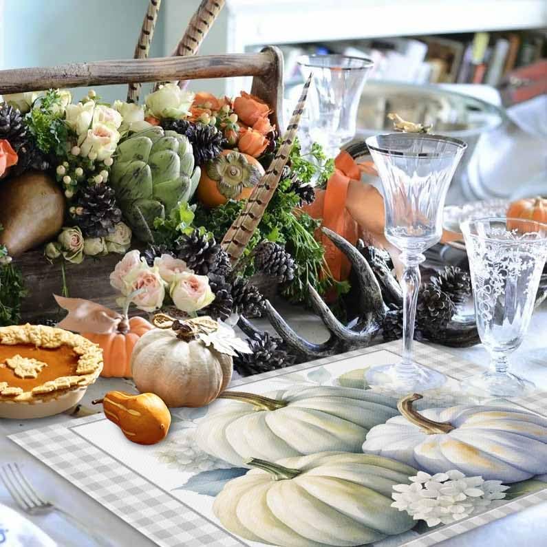 Placemats Set of 8, Thanksgiving Pumpkin Flower Leaves Classic