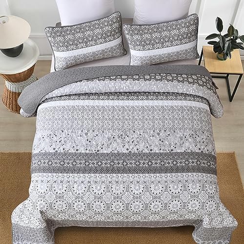 WONGS BEDDING Boho Quilt Full Set,3 Pcs Grey Floral Striped Bedspread