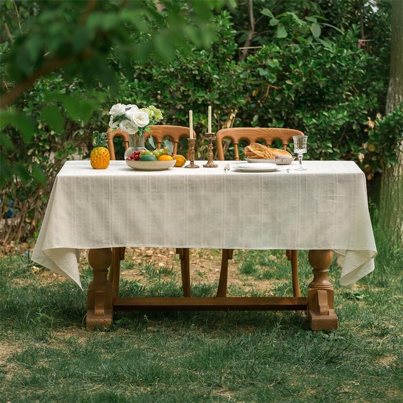 AMZALI Natural Linen Tablecloth 55 x 70 Inch - Farmhouse Style Table