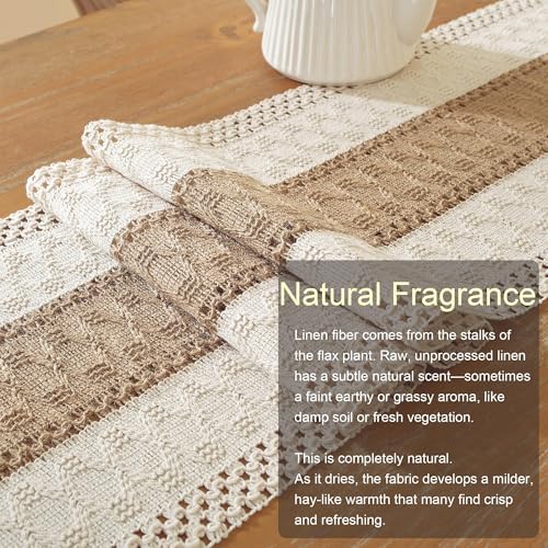Farmhouse Decor Boho Table Runner with Macrame, Elegant Beige Brown