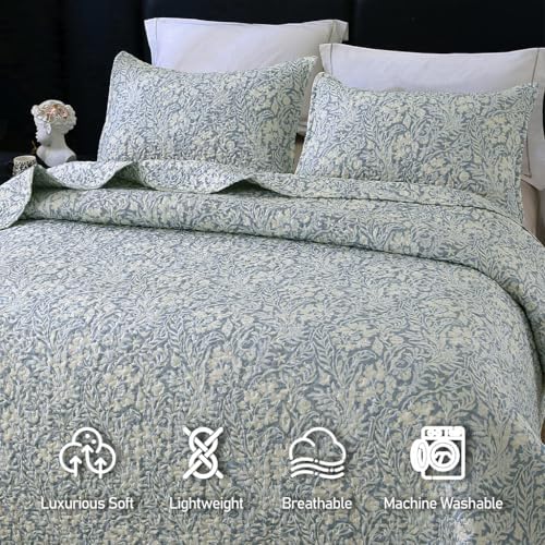 DURLENGEN Botanical Quilt Set King Size 3Pcs, Bluish Grey Printed with