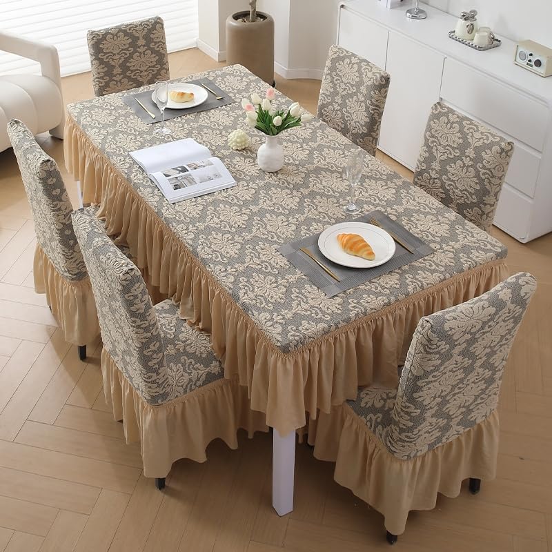 Rakila 4PK Jacquard Stretch Dining Chair Covers with Skirt Beige
