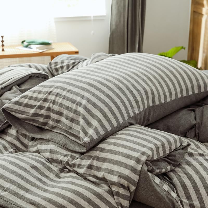 Gray White Striped King Duvet Cover Set 3-Piece 100% Cotton Ultra Soft
