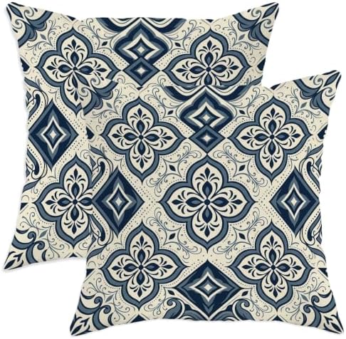 Navy Blue Damask Medallion Mediterranean Throw Pillow Covers 22x22 Set