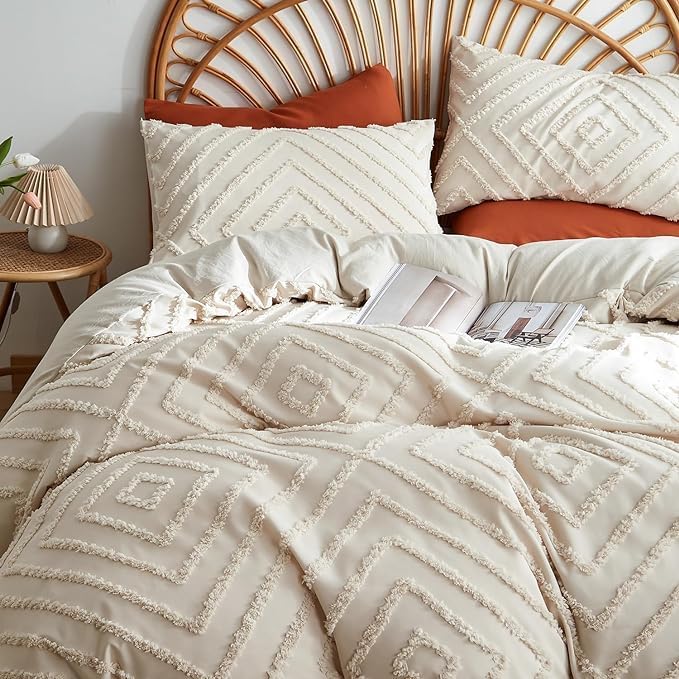 3-Pcs Luxury Tufted Duvet Cover, Beige Duvet Set, Queen XL Boho