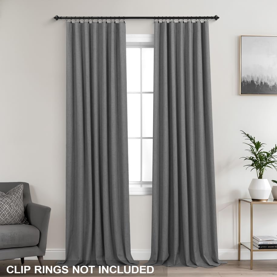 KOUFALL Charocal Dark Grey Linen Blackout Curtains for Bedroom Living