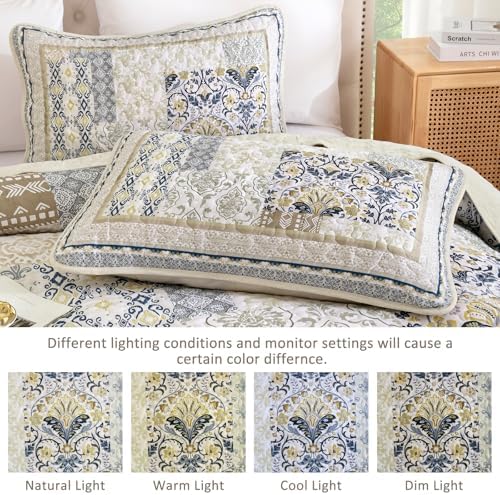 WONGS BEDDING Boho Quilt Set Queen, 3 Pcs Beige Patchwork Bedspread