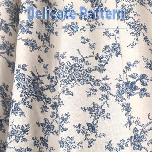 1 Pair Blue Floral Linen Curtains Rustic Country Style Light Filtering