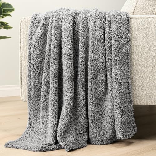 PAVILIA Sherpa Throw Blanket for Couch Sofa Bed, Heather Gray 60x80