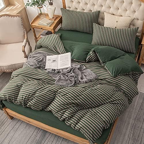 PURE ERA Jersey Duvet Cover Set Heather Forest Green Stripe California