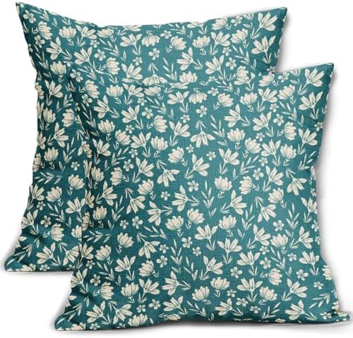 Teal Pillow Covers 20x20 Set of 2 Vintage Floral Rustic Old Style Cute