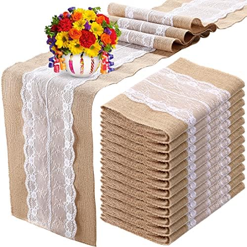 Chumia 12 Pcs 12 x 108 Inch Wedding Burlap Table Runners with White