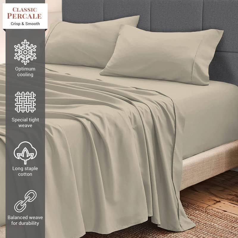 Pizuna Cotton Twin XL Sheets Set Percale, Simply Taupe