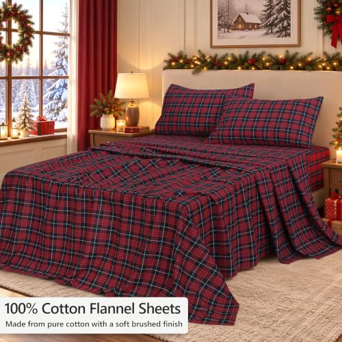 ZOYER 100% Cotton Flannel Sheets King Size, 4 PCs, Red Buffalo Check