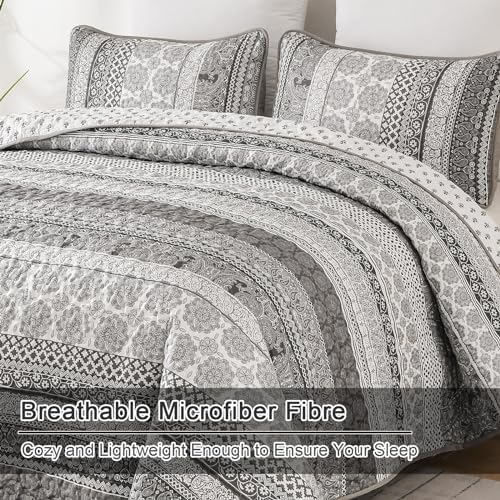 WONGS BEDDING Boho King Quilt Set,3 Pcs Grey Bedspread Covrtlet Set