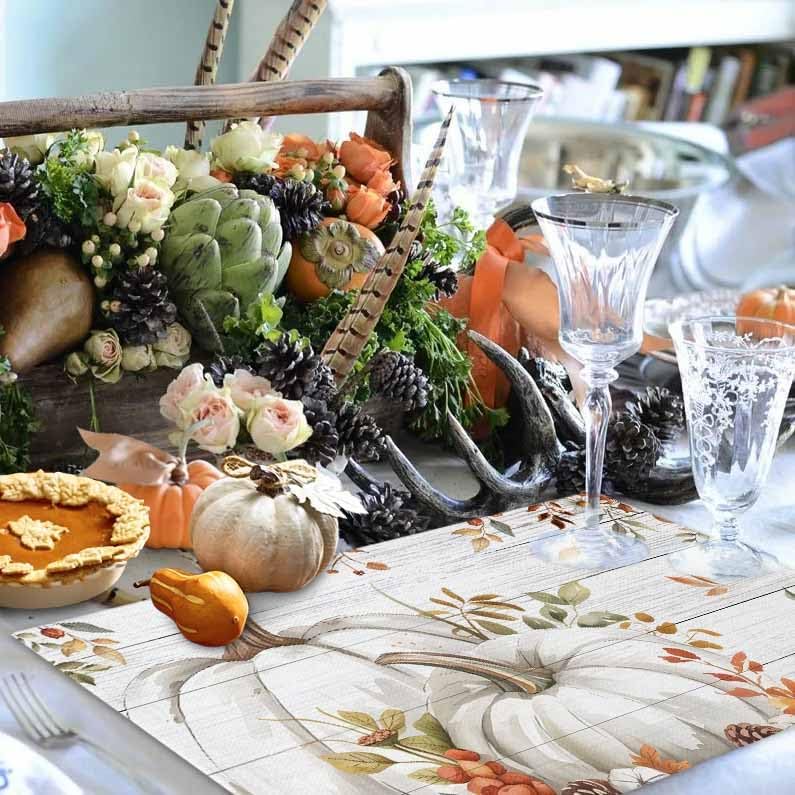 Placemats Set of 8, Autumn White Pumpkin Thanksgiving Washable Table