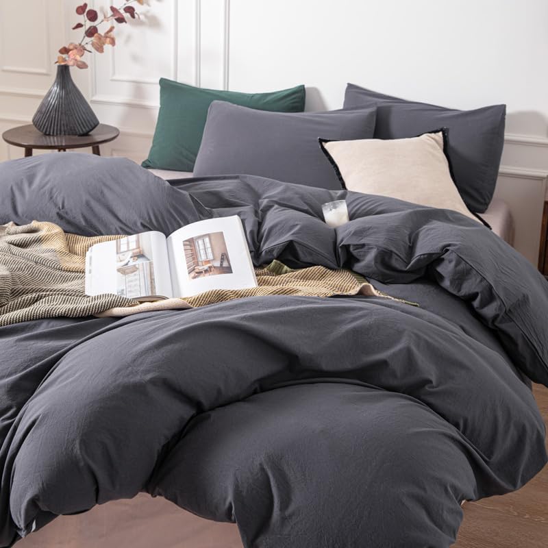 Janlive Washed Cotton Duvet Cover Set Linen Feel Textured Ultra Soft