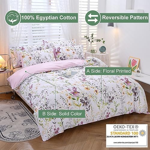 URBONUR 100% Cotton Floral Duvet Cover Set Queen Size 3-Pieces