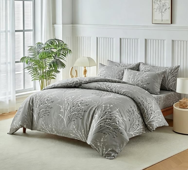 Simple Botanical Duvet Cover Set, Soothing Branch Pattern Comforter