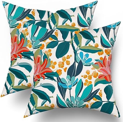 Teal Coral Floral Pillow Covers 20X20 Inch Turquoise Green Leaves