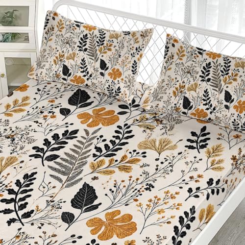 AILONEN Full Fitted Sheet Set, Mustard Black Wildflower Foliage Print